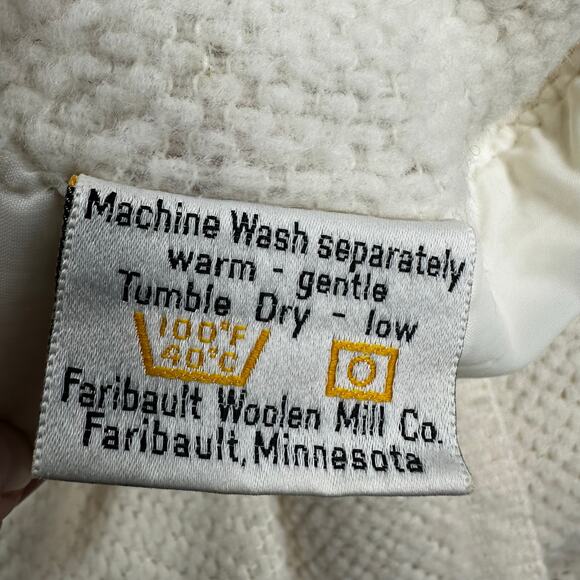 Vintage FARIBO Wool Acrylic Blanket Ivory Satin Trim Woven Texture 68x82 Cottage - Picture 9 of 13